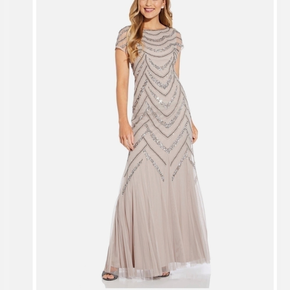 Adrianna Papell Beaded Chevron Gown Size 8